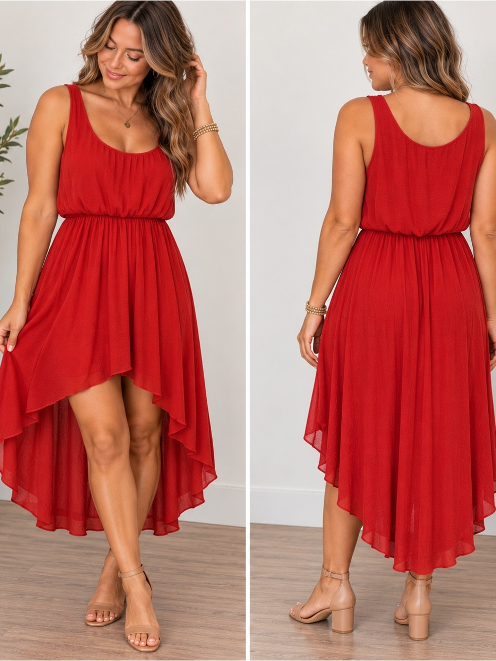 Libian Crimson Red Sleeveless High-Low Dress